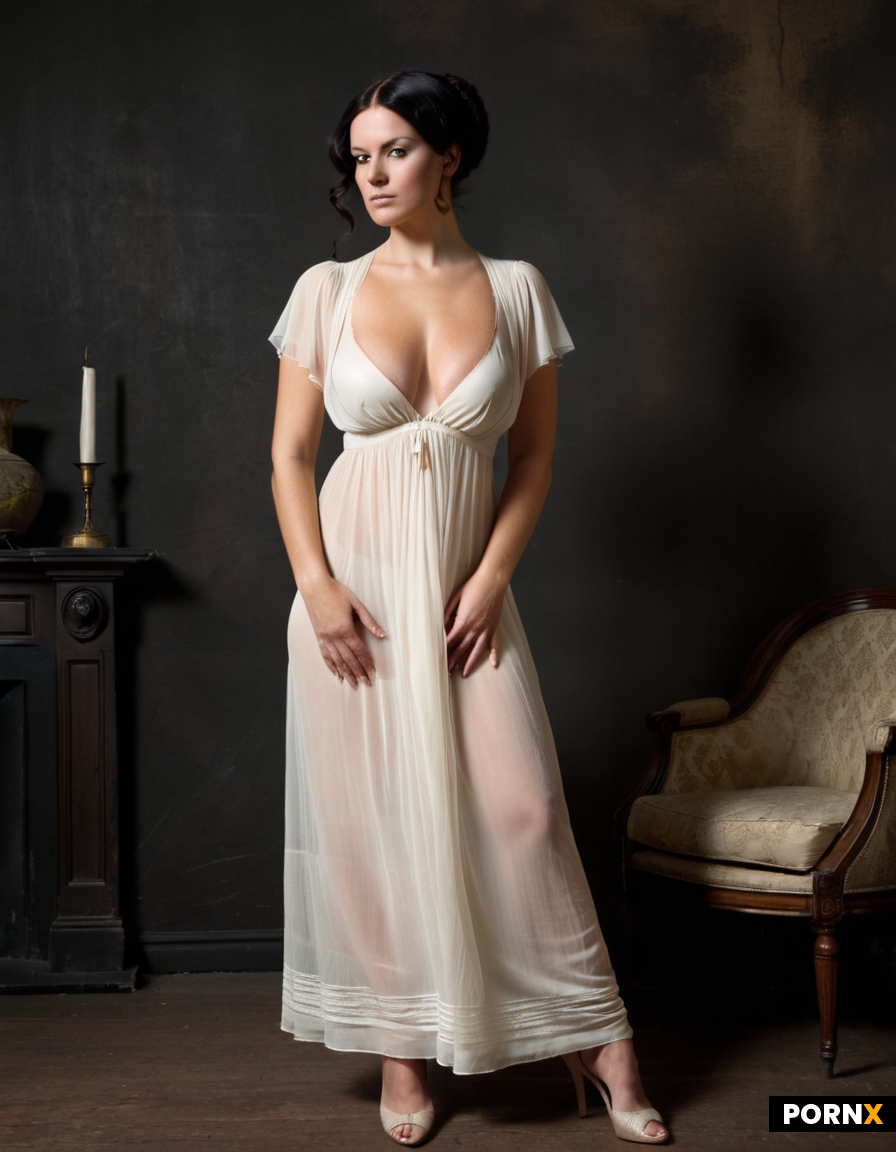 A busty woman is wearing a sheer white empire-waist dress with a plunging neckline