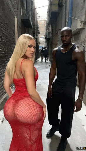 One thin female model standing at a back alley next to a muscular big black guy in a ghetto gangster