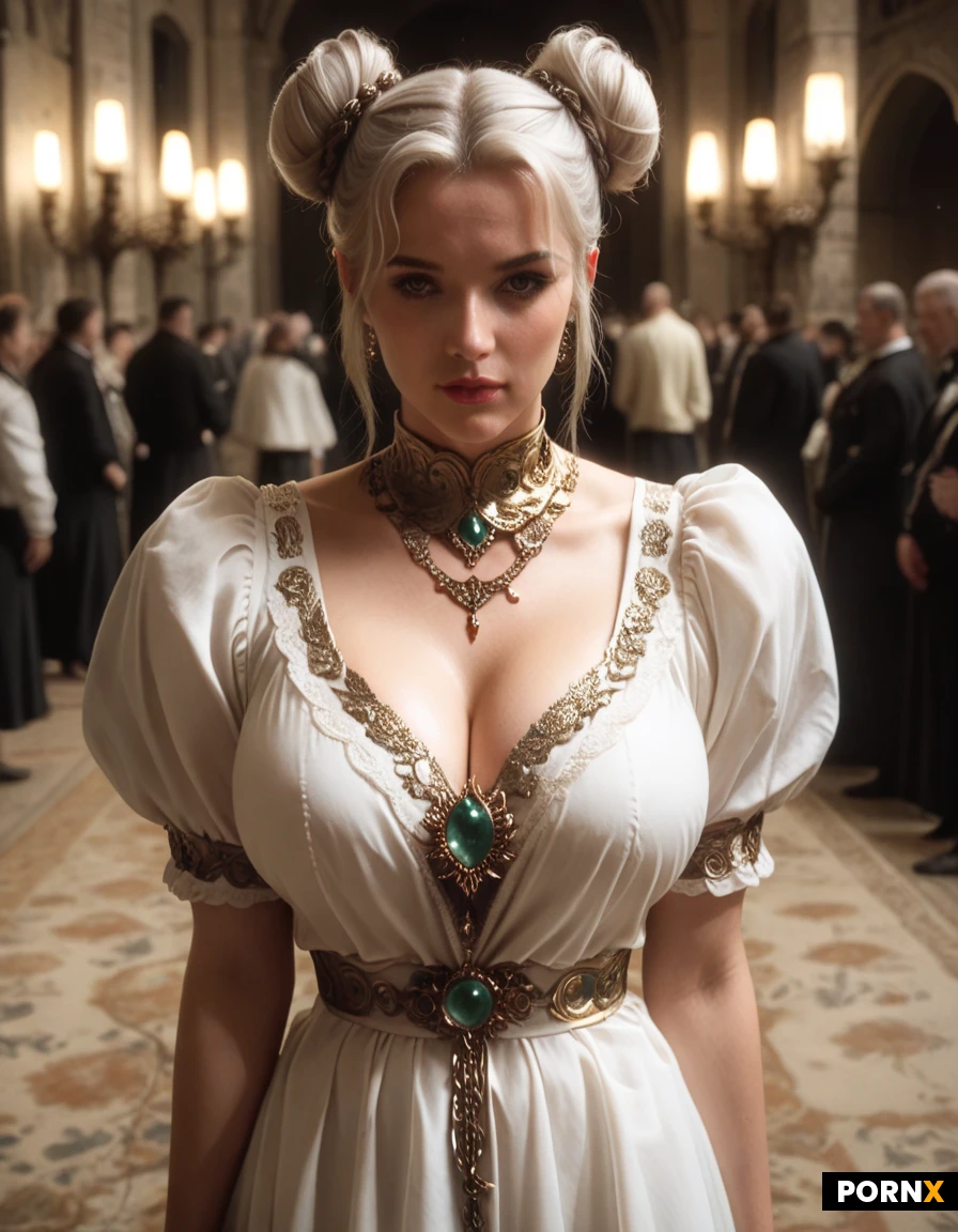 high definition, pretty angle woman, pretty face, curved body, big breast, she is floating in the air, white hair, double bun hairstyle, buns are covered with thin hair mash, ornate round plate behind her head, intricately with golden filigree. Heavy sharp-angled gold and steel pauldrons, (layered weather-worn white and cream tunic robes:1.3), four large rigid stylized metallic angle wings with geometric feather plates, (she holding a long glowing rod with wing shape on the top, decorated with giant gems, background, castle, ,detailed face, detailed eyes, dynamic view