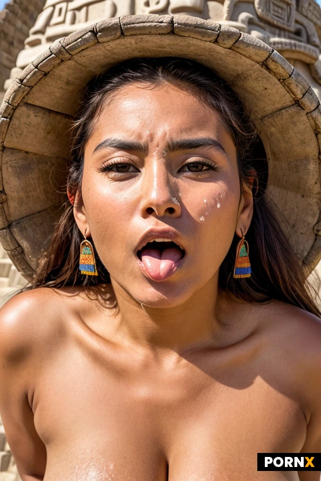 One azteca woman, massive round breasts, pubic hair, beautiful native face, no makeup, round eyes, big lips, beautiful hands and feet, on top of an Aztec pyramid. Ultra realistic, high definition. Extreme close up of face with her mouth open wide, both her mouth and her face filled with cum.