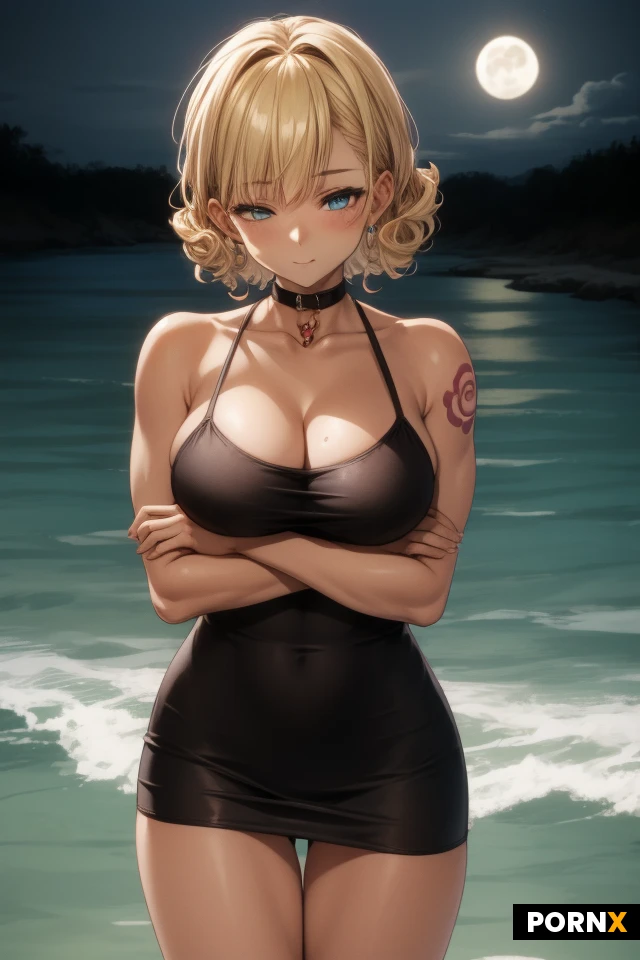 Woman, One, Short hair, Beach, River, Cute face, big breasts, Moon light, Dark scene, Muscular arms, Fit thigh, Portrait, Meadow, Closed eyes, Curly hair, Light blue eye color, Blonde hair, Tight short dress, 30 Years old, Decollete, tattoos, arms hugging the viewer