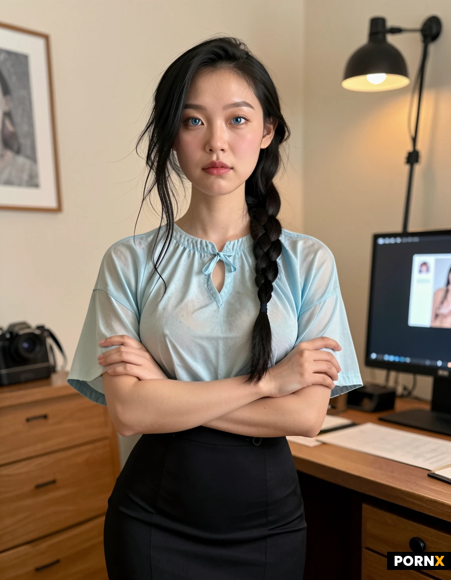 A 20-year-old Asian American woman with a short, slender frame and short stature, her long straight jet-black hair cascading to her mid-back, cute face, normal sized lips, very light makeup, and a bratty pouting look on her face. She is dressed in a deep blue blouse tucked into a high-waist black pencil skirt that clings to her small-sized natural breasts and hips, and subtle accessories. Artificial lighting dimly illuminates the big modern office with she is in with a wood desk in the background. Captured from a straight angle, the camera frames zoomed in on her torso up, emphasizing a bratty pose, standing with arms crossed. Rendered in ultra-high-resolution photorealistic style, with crisp detail and refined digital art finish. Coveres in cum, wet blouse, messy sticky hair, sweaty, blushing, blouse ripped