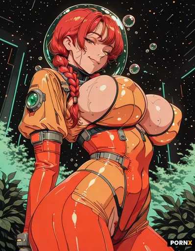 A 37-year-old woman with vibrant red hair styled in braided pigtails and striking emerald eyes