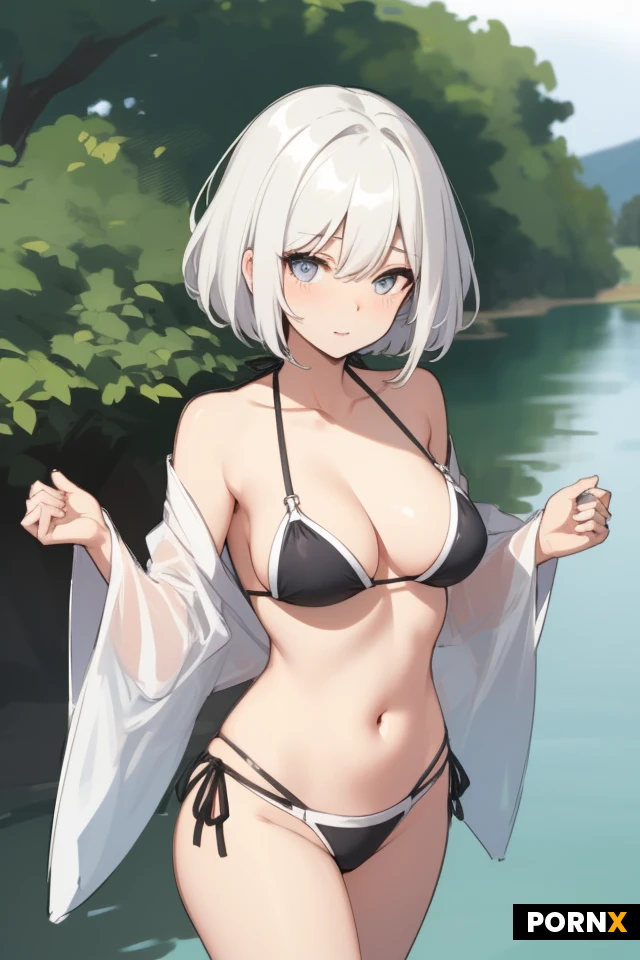 Woman, 18 Years old, Japanese, Skinny, Rounded breasts, Cute face, White hair, Short hair, Bikini, Striptease, Lake, Sketch lines, Transparent clothes