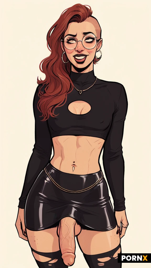 One futa bimbo girlfriend, 21 years old, skimpy clothes, elfin face, punk, (detailed face and eyes:1.2), pale skin, tight white ripped tshirt top, black leather skirt, green bob haircut, large round glasses, freckles, blushing, ahegao expression, huge dick under short skirt, flat chested