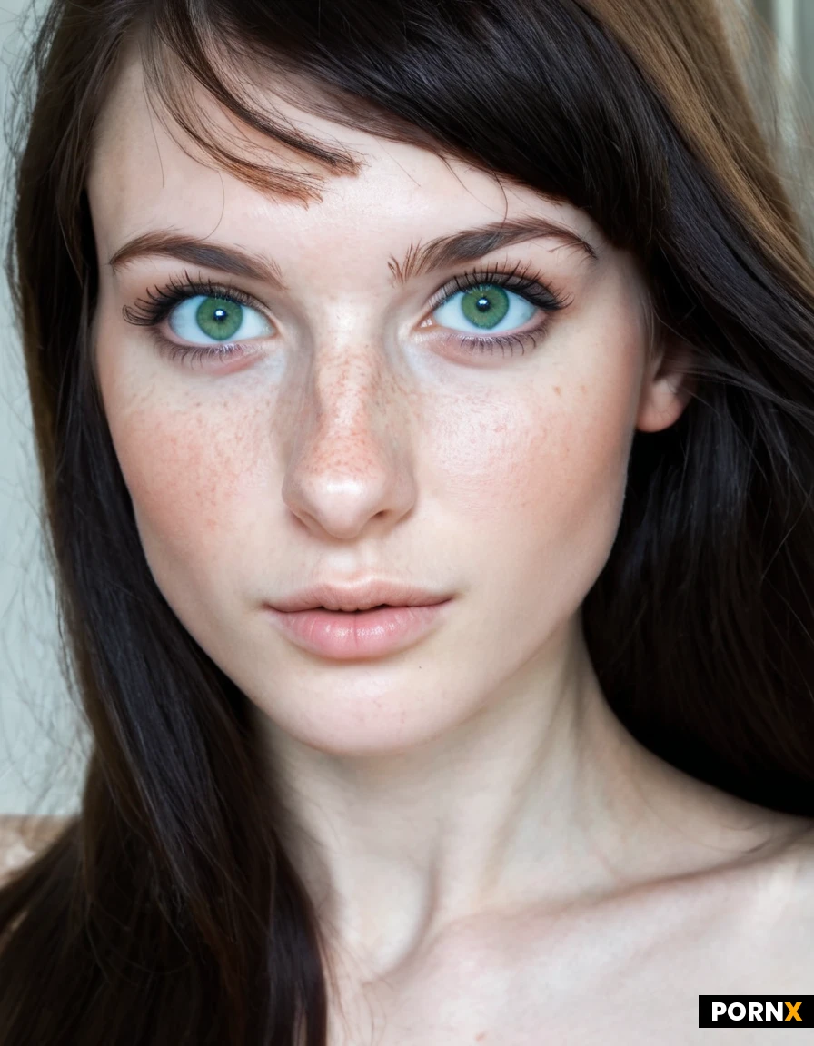 one woman, 18 year old, latvian, light blue green eyes, large eyes, long eyelashes, button nose, freckles over nose and cheekbones, prominent cheekbones, angular face, skinny fit, large natural breats, very smooth skin, pale skin, jet black hair, thick eyebrows, bangs, medium length hair