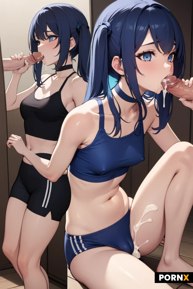 Woman, One, Skinny, Cute face, flat breasts, halter crop top, micro-gym shorts, choker, blue hair, twin tailed hair, Tight outfit, high waisted thong, Skinny thighs, blue eye color, cum on face, cum on top, purple outfit, beach, orgasm face, sex toys, camel toe, sleeveless,
