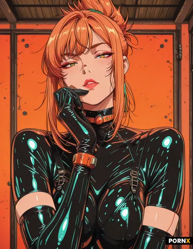 A Wild Ginger secretary girl wearing latex gloves with a sexual look