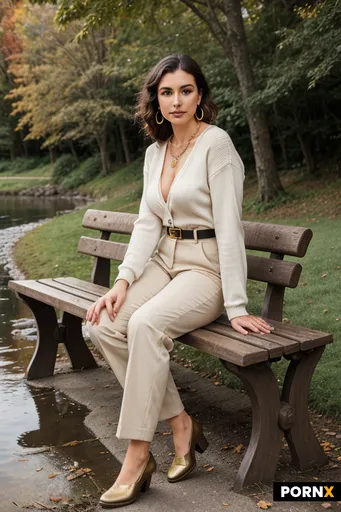 Photorealistic full-body autumn fashion editorial portrait of an adult woman in her late twenties si