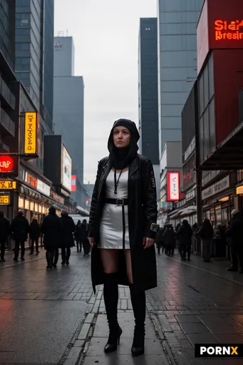 Nonne mit kleinen Brüsten in Cyberpunk-Stadt