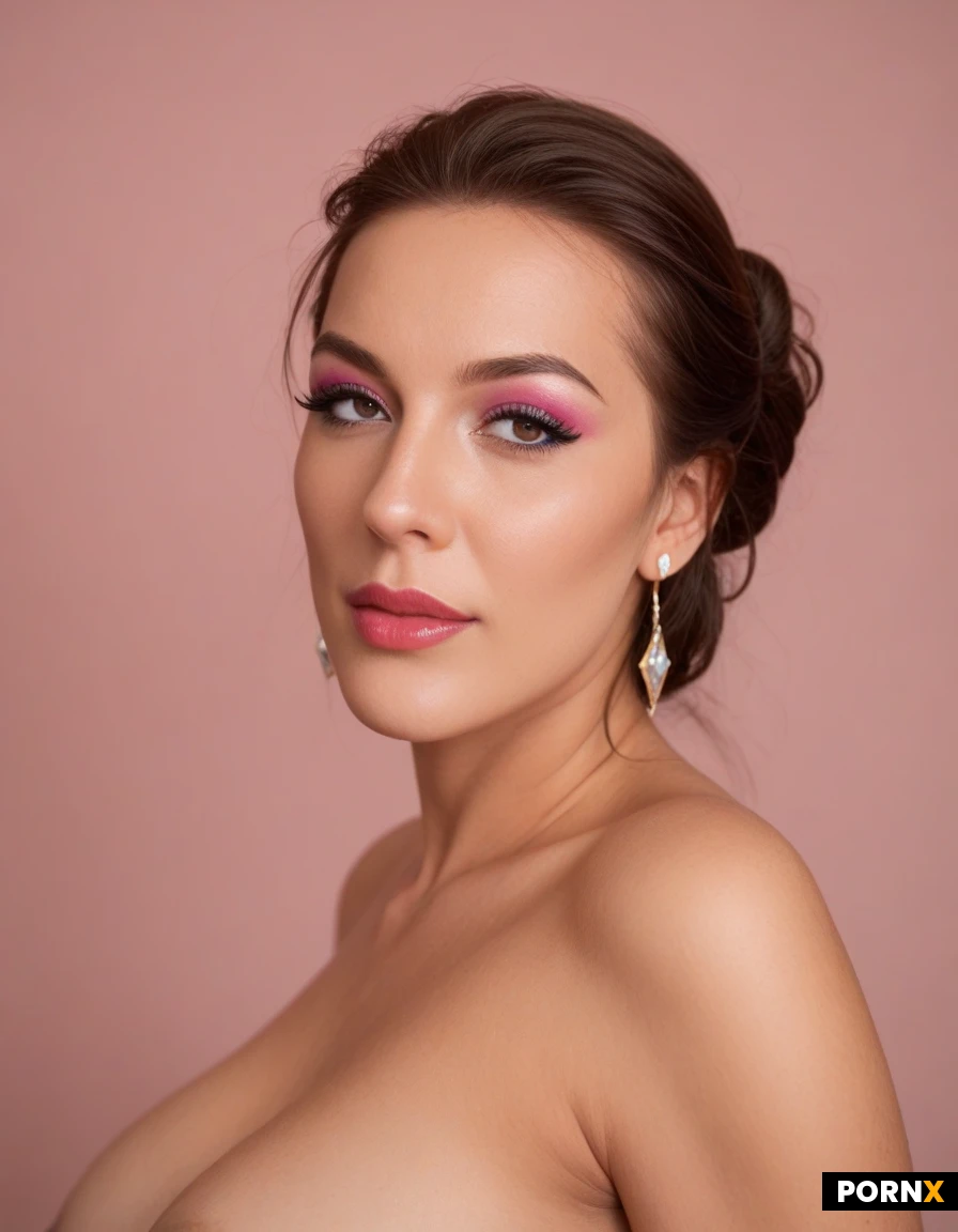 Latina. Dark, soft skin. The face appears oval with soft contours. The jawline is smooth and gently tapered, leading to a narrower chin. The cheek area has a rounded, softly sculpted appearance.
Complexion: The skin appears even and smooth with a warm, medium-toned complexion. A beauty filter or soft-focus effect seems to be present, giving the skin a very polished and airbrushed look.
Forehead and hairline: The forehead is moderately sized and framed by dark brown hair. The hairline appears smooth, with a side part and loose waves falling around the sides of the face.
Eyebrows: The eyebrows are dark, full, and carefully shaped. They have a pronounced arch and are filled in evenly, creating a defined and symmetrical appearance. The tails taper elegantly toward the outer corners.
Eyes: The eyes are almond-shaped and slightly elongated. They appear accentuated by dramatic makeup. A sharp black winged eyeliner extends outward, emphasizing the outer corners. The eyelids are decorated with shimmering white and pink eyeshadow, with lighter tones near the inner corners and soft pink hues blending outward. Small rhinestone-like gems are placed near the outer edges of the eyes, adding a decorative touch.
Eyelashes: The lashes appear long and voluminous, likely enhanced with mascara or false lashes. They contribute to the large, defined appearance of the eyes.
Nose: The nose is slender and straight with a narrow bridge and softly rounded tip. The nostrils are small and symmetrical. She has perfect tits, a toned body and a bubble ass. Completely nude. Full body photo in the streets of Mexico.
