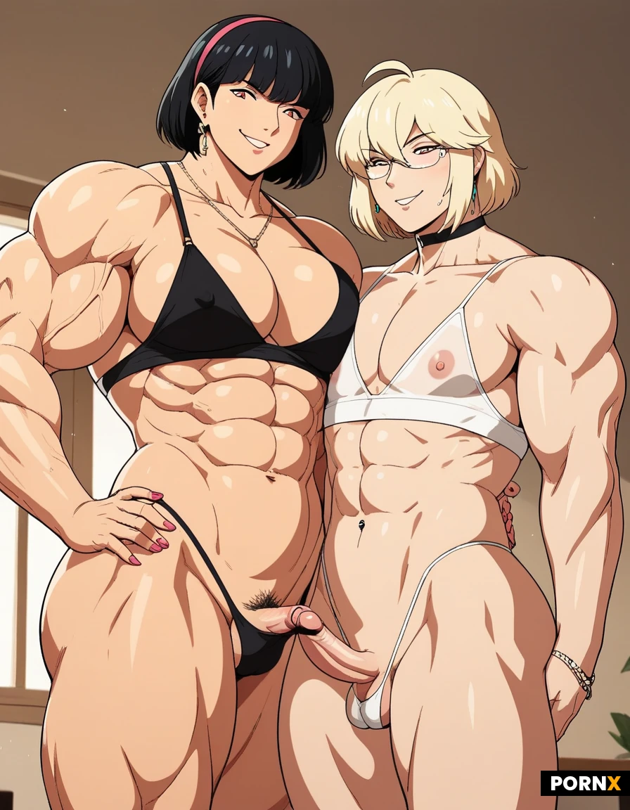 Anime (femboy: 1.3). Queer LGBTQ. beefy muscles. Transgender. G-string. Medium bangs hair. Transparent costume. Small cock. (Femdom on women)