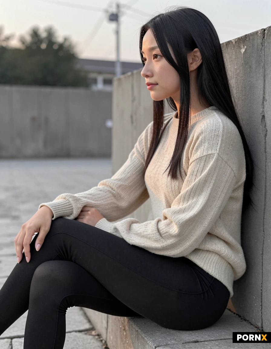 masterpiece, best quality, highres, absurdres, sweater, maroon, leggings, makeup, light_makeup, sitting, crossed_legs, wall, campus, outdoor, side_view, profile, light_smile, soft_light, daylight, medium_shot, detailed_background, cinematic, realistic_style