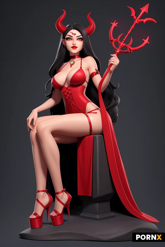 A demon/devil queen sitting on a carved stone throne. She has small red horns, long black hair, bright green eyes and a red arrow-tipped tail. 34D breasts. Wearing a long black gown with red cord lacing crossed over the bodice. Legs open, exposed vagina. Red strappy platform heels, and a choker with a red gem. Holding a tall silver trident. Plain purple background.
