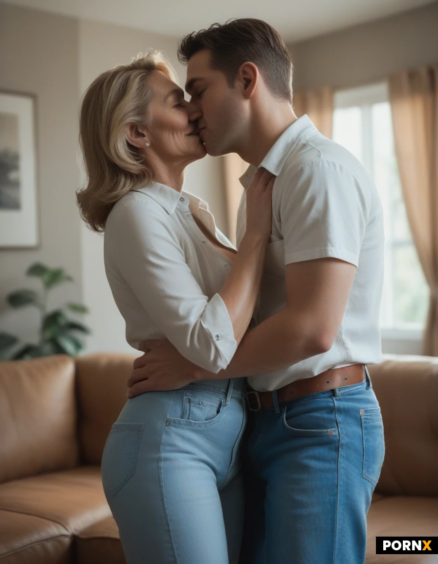 beautiful woman, short blonde bob, pale skin, medium breasts, face to face sex, sitting on lap, embracing, kissing, penetration, unbuttoned white shirt, loosened tie, no pants, black panties, after work, modern living room, large sofa, big windows, natural daylight, standing, smiling, milf, kissing man, both wearing blue jeans shorts