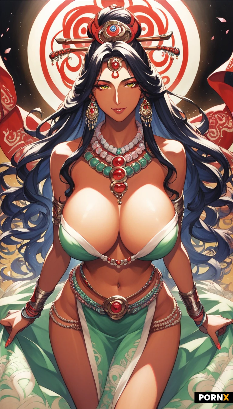 high definition, pretty hindu goddess, pretty face, curved body, big breast traditional hindu costume, jewelery, dynamic angle