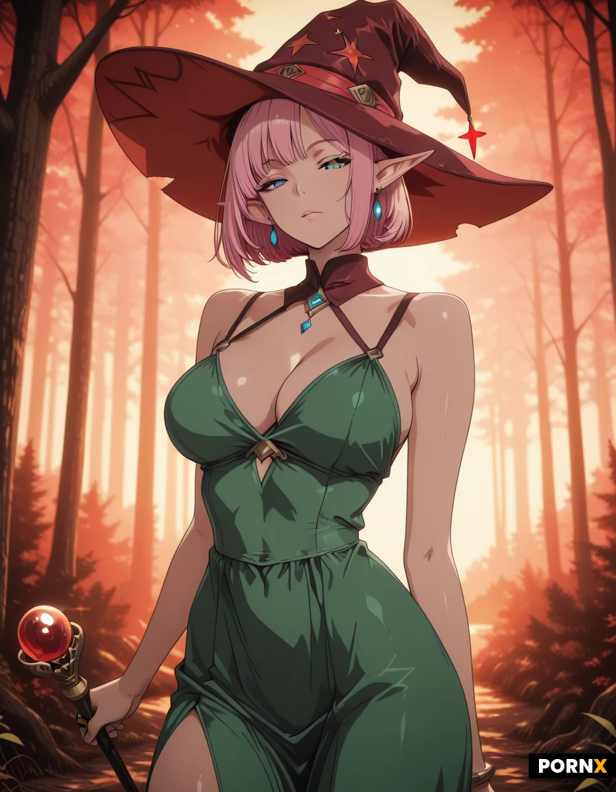 elf, mage, orange mage dress with red stars, hat mage, masterpiece, best quality, highres, absurdres, 1girl, adult, solo, short hair, pink hair
and in many other colors, blue eyes, skinny, large_breasts, seductive, looking_at_viewer, forest, soft_lighting, warm_lighting, close_up, shallow_depth_of_field, hot elf, skirt, scepter in hand, rings, earrings, neckline, elf village, perfect face