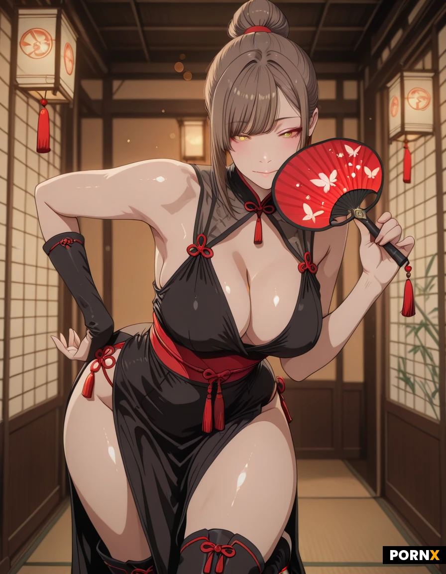 A radiant adult woman with porcelain-smooth skin and amber eyes, her long brown hair swept into a tight high bun while a sleek ponytail cascades to her waist, side-swept fringe framing her face, stands poised with a delicate butterfly-shaped fan cupped in her hand, her full, voluptuous hips and 89-cm bust emphasized by the clingy red-and-white kunoichi dress that splits at the waist to reveal generous cleavage and a sinuous curve of her stomach. She leans slightly forward, one leg crossed over the other, the red tassels on the back fluttering against the soft night-garden mist, while white circular cords trace the lines of her shoulders and her red-black tabi boots peek from beneath the hem. Soft rim lighting and a warm, low-key glow highlight the sheen of her skin and the fabric's texture, with a shallow depth of field that blurs the lantern-lit bamboo backdrop into dreamy bokeh. The camera is positioned at a low angle, centered on her, capturing a cinematic, hyper-realistic digital painting that accentuates every curve, the delicate fan's motion, and the sensual allure of her expression.