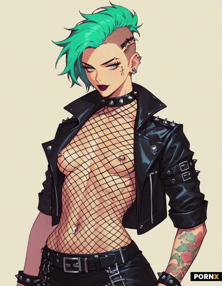 Green-haired 18-year-old punk with an undercut and small breasts shows her sweet