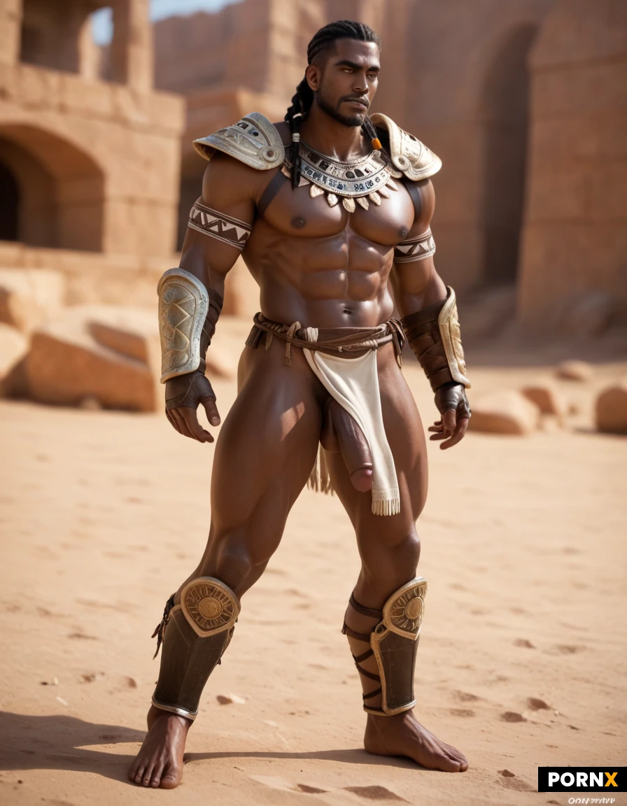 Man, Green skin, Muscular, Fit thighs, Thick thighs, Angry face, Thick eyebrows, Tribal clothing, Sc-fi costume, Full body, Dynamic angle, Standing, Battlefield, Long hair, Black hair, Braided hair, Black, African, Armor gloves, Armor, 30 Years old