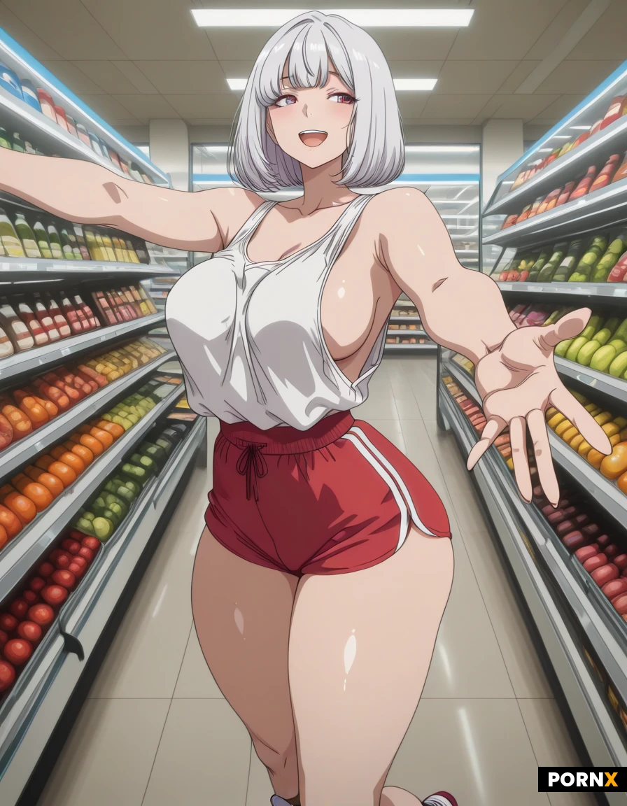 A very busty white woman in her 20's is in a grocery store. She is wearing a very loose, oversized tank top and skin-tight gym shorts with tennis shoes. She is not wearing a bra. She is reaching out in front of her, exposing her sideboob. She has thick thighs with large calves. The shot is from the side.