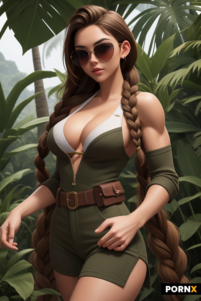 masterpiece, best quality, highres,White and smooth skin, 20 years old, Braid, brown hair, large_breasts, Athletic, muscle,militar, adventurer Clothes, sunglasses, treasure hunter, jungle temple