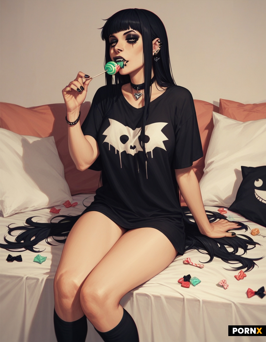 Pretty goth sitting on bed