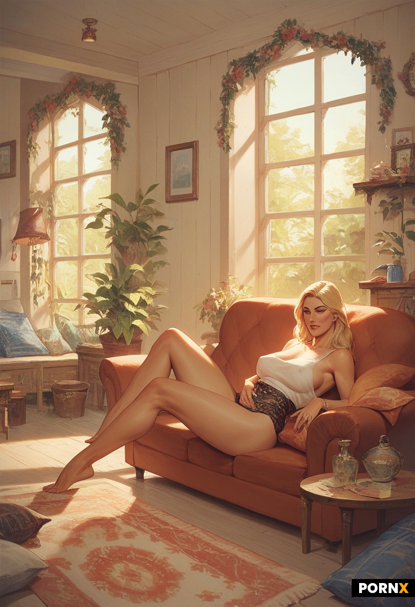 30 years old blonde Turkish housewife was relaxing in the living room wearing her home attire