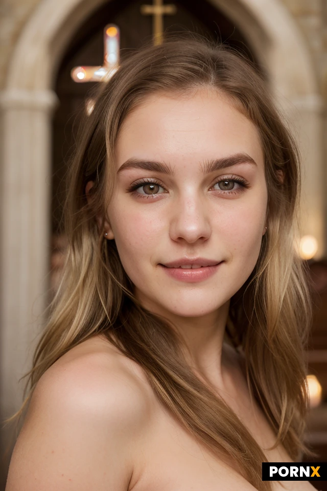 Woman, One, Fat, Thick, Naked, Dark scene, Closeup Portrait, White skin, Pale skin, 18 Years old, Small breasts, Small ass, Cute face, Beauty face, Happy face, White, Church, Brown eye color, Pubic hair, Messy hair, Viking costume, Mountains, German, Blonde hair, Short hair