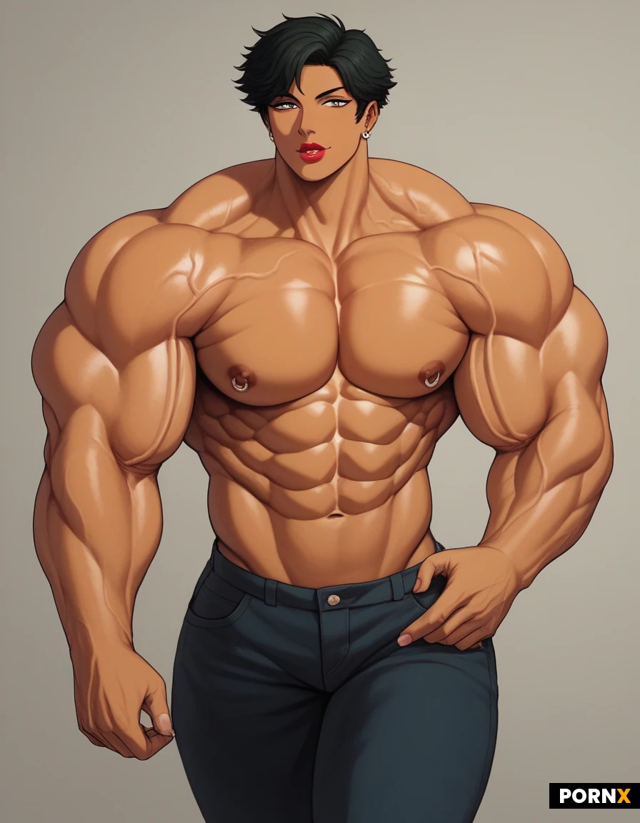 makeup. Twink femboy. Genderfluid queer. Buff. Anime. Lipstick. Vascular. (Muscle :1.8). Tan skin