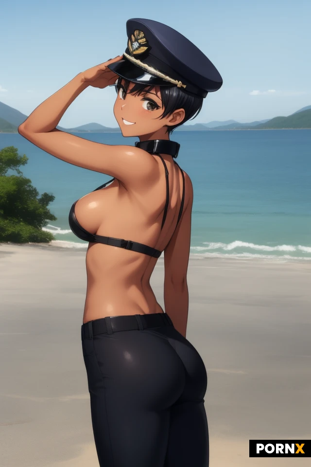 masterpiece, best quality, no NSFW, anime illustration, 1boy, officer, solo, short height, athletic body, slender body, tanned skin, boyish face, androgynous features, black eyes, black hair, short hair, short braided back hair,
military cap, uniforms of the Imperial Japanese Navy with stand up collar and long pants, aiguillette, rank insignia, saluting while walking, smile,
Navy Type Tachi Guntō(katana style Japanese military sword), Naval officer's sword belt of the Imperial Japanese Navy,