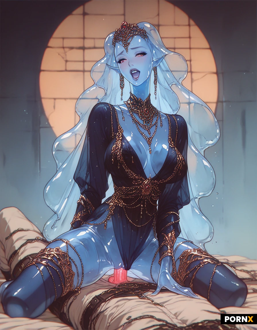 high definition, beautiful slime woman, curved body, glowing translucent bioluminescent alien skin, big breast, cowgirl style, vaginal penetration, penis is visible in her body, see through transparent skin,detailed face,