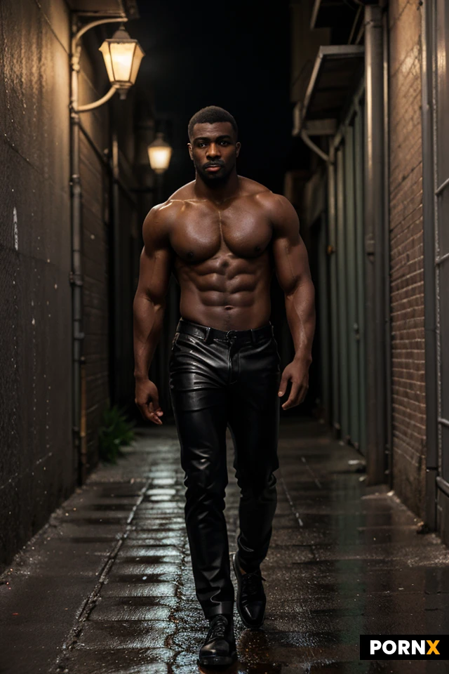 Masterpiece, best quality, high resolution, a muscular dark-skinned African man with chiseled body and confident, haughty look stride down a narrow, graffiti-splashed alley, his forearms flexed as he walk shirtless in tight black pants and polished black leather shoes. The low angle view accentuates his towering presence, while soft rim lighting casts subtle highlights on his defined muscles against the dim, neon-lit city backdrop. Shadows linger on the wet pavement, illuminated by flickering street lamps that create a moody, atmospheric glow. Shot with a shallow depth of field, the focus crisply captures the gritty textures of the alley walls and the sleek sheen of his footwear, evoking a cinematic, ultra-realistic style.