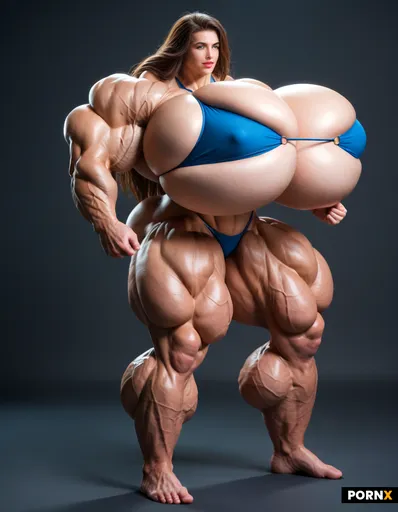 Full body image of a ultimative Super mega muscular female hyper muscle bodybuilder supermodel