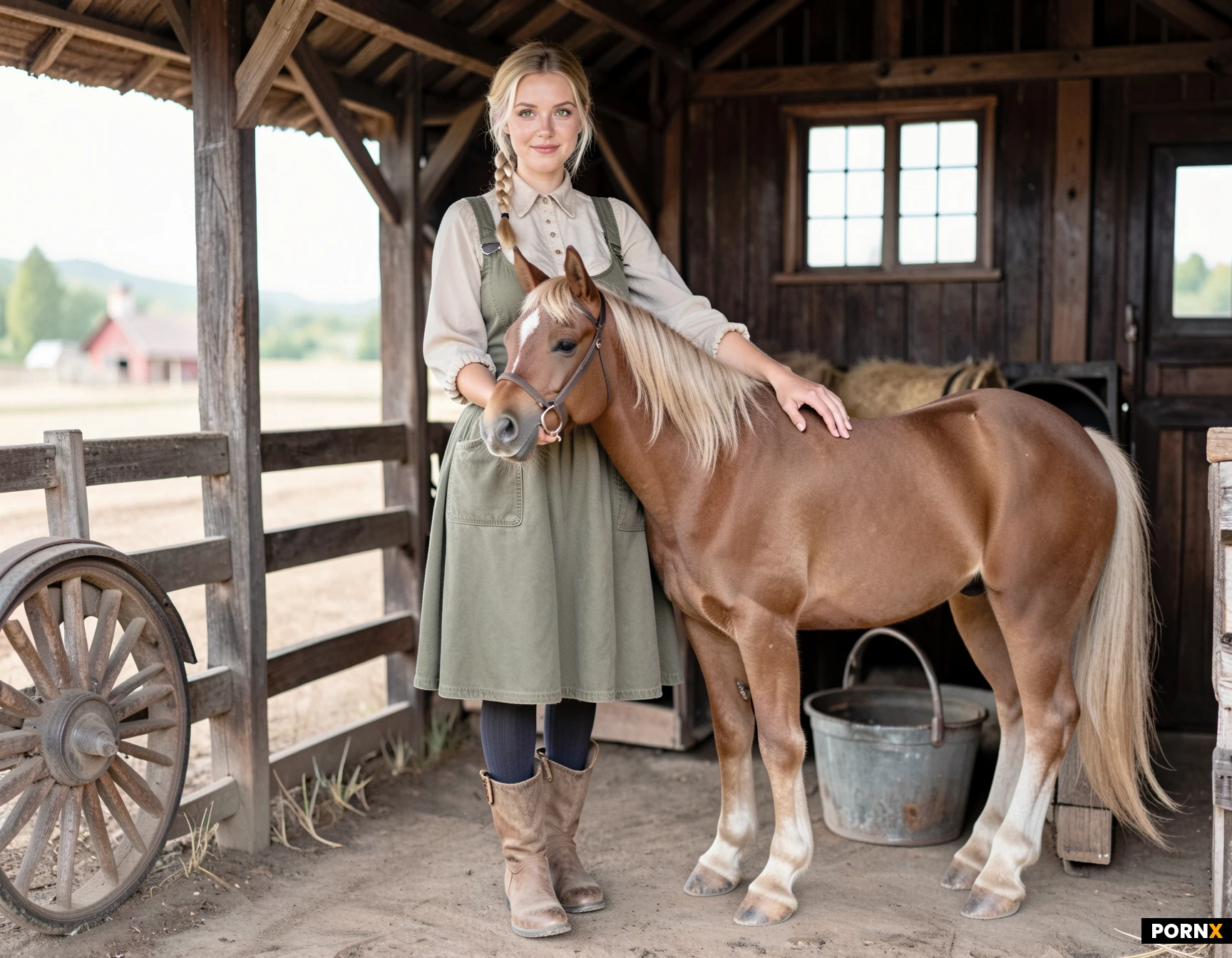 masterpiece, best_quality, highres, absurdres, farmer_outfit, blouse, skirt_dress, nylon_stockings, farmer_boots, stable, standing, petting_ pony, smiling, indoor, countryside, soft_light, front_view, detailed_background, ultra_detailed, realistic_style
