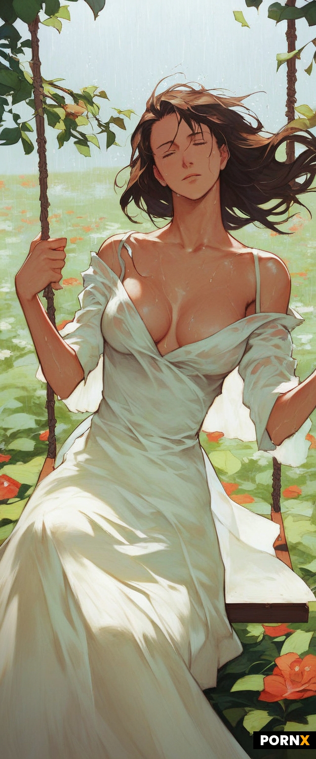 Fate stay night anime style woman sitting on swing in a garden