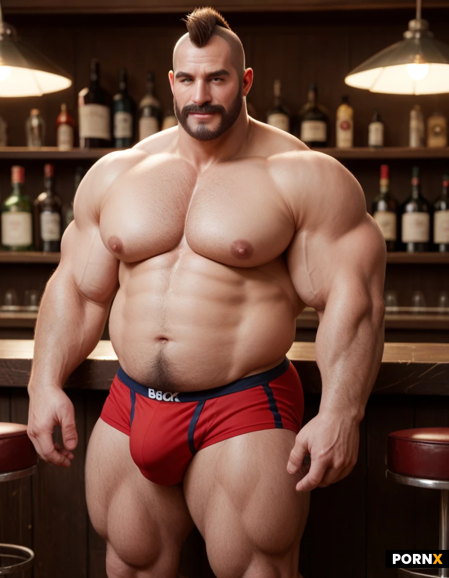An burly, beefy, fat hairy hirsute shirtless handsome swarthy man with thick arms, bulging pecs, a huge fat spherical belly, a thick mustache and five o'clock shadow, mohawk, standing in a bar