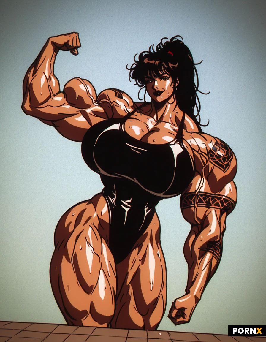 masterpiece, best_quality, highres, absurdres, 1girl, futanari, solo, perfect face, tall, athletic, 45 years old, Asian, MILF, older, mature, covered in tattoos, enormous veiny penis, ((gigantic muscles)), (massive_breasts), sweating, light_makeup, dark lipstick, latex swimsuit, dark_hair, ponytail, messy hair, bangs, brown eyes, looking directly at viewer, slight smile, flexing muscles, bicep tensed, relaxed, dramatic_shadows, pool, soft_light, cinematic, low angle, selfie