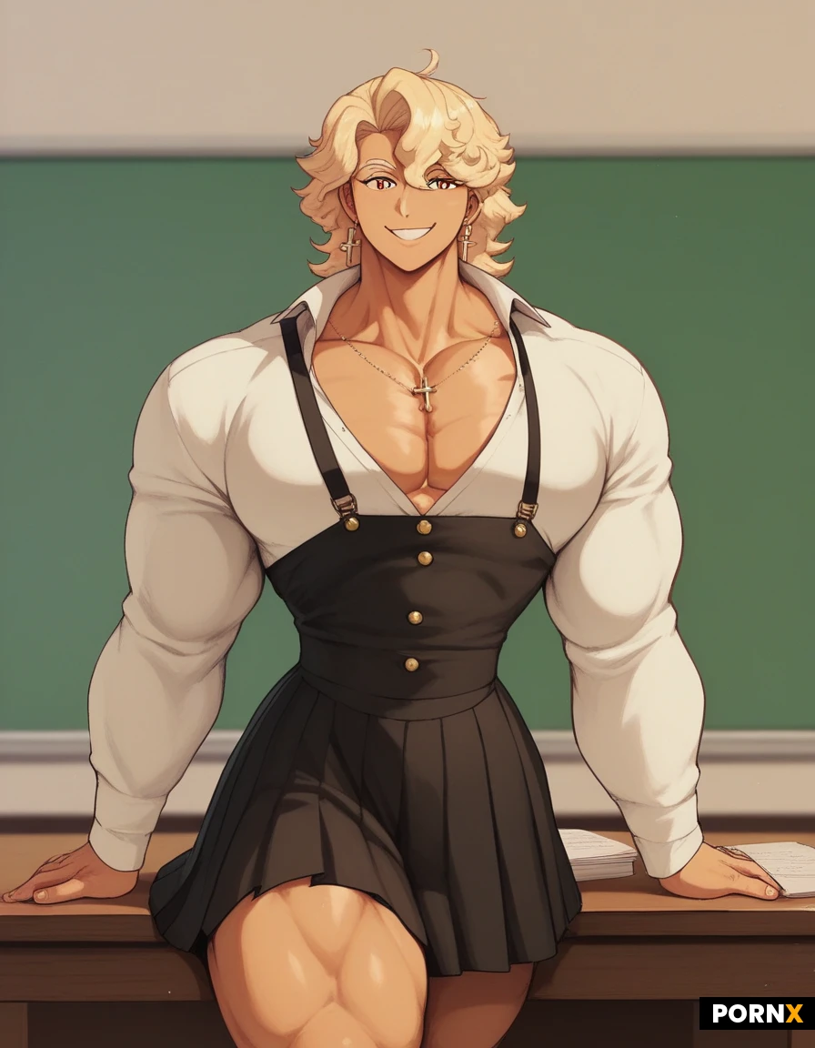 Transgender. Buff. Anime cross-dressing.. muscle. Queer Femboy. Thick. Steroid. Longsleeve. Bulging muscle. Smile. Glamour. Skirt. Big pecs. (Muscular :1.3). Leaning on desk. Lats. Broad