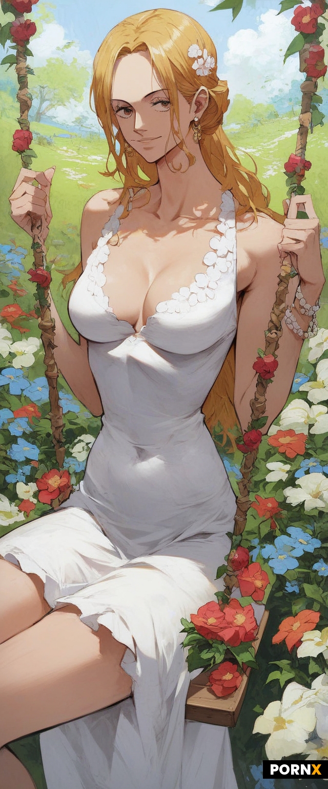 One piece anime style woman sitting on swing in a garden