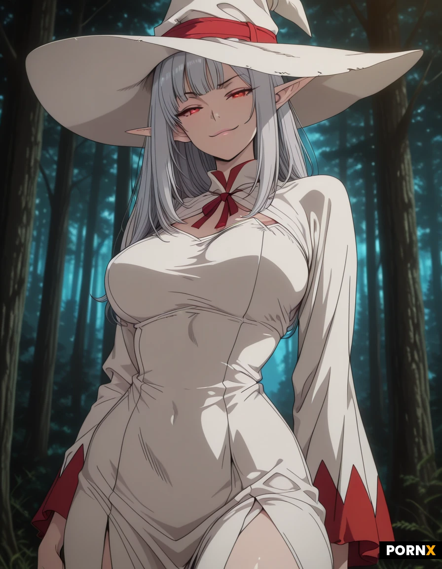 elf, mage, white mage dress, hat dress, masterpiece, best quality, highres, absurdres, 1girl, adult, solo, long_hair, grey_hair, red eyes, skinny, large_breasts, seductive, looking_at_viewer, smirk, forest, soft_lighting, warm_lighting, close_up, shallow_depth_of_field, hot elf, skirt,