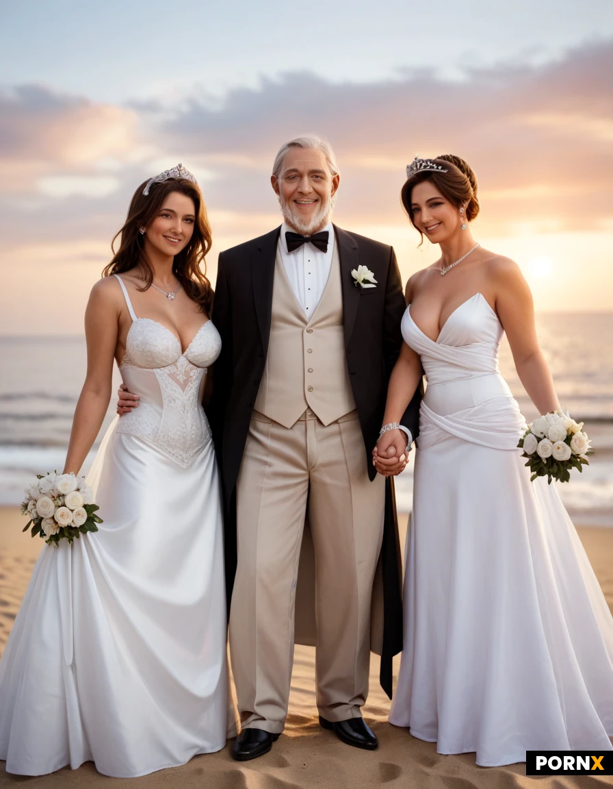 masterpiece, best quality, highres, absurdres, 3girls, 1boy, old_man, dark_skin, breasts, holding_hands, looking_at_viewer, smiling, wind, wedding_dress, latex_dress, tuxedo, bride, groom, flower_crown, wedding_ring, beach, sunset, soft_light, cinematic_angle, romantic