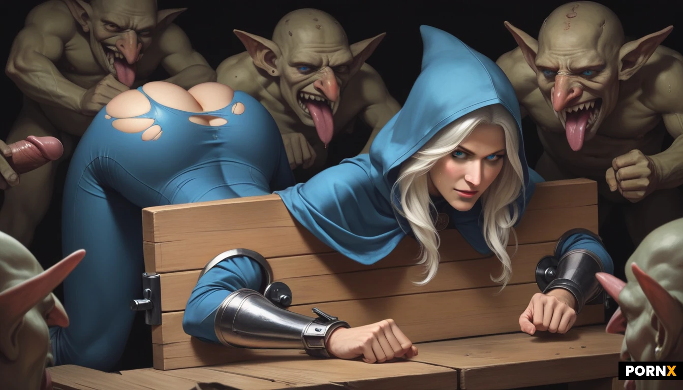 (A woman)(action shot, pillory:1.4) long white hair, torn tight blue dress and armour, blue hood, slim waist, big busty round tits, hourglass figure, puffy pussy (big wide blue eyes:1.4) bare legs, (Ultra-realistic) high res, detailed skin texture. sexyleague. realistic Sweat,, cinematic, clean fantasy digital art(black background:1.5 rough cave ground). Frostarcher. haughty expression, proud expression, regal (ice arrows) sexy, seductive, untouchable, bubble-butt (goblin gangbang:1.3) (size difference, big woman) ass up (dynamic action:1) (ugly goblin horde) (consentual movie actors)