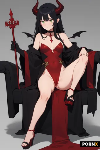 A demon or devil queen seated on a carved stone throne