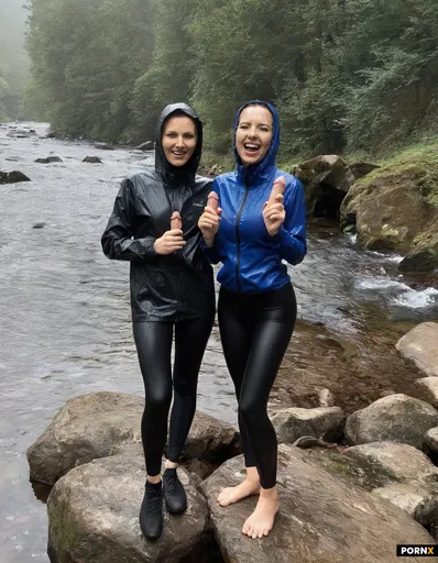 Two 20 years old women standing on a rock by the river