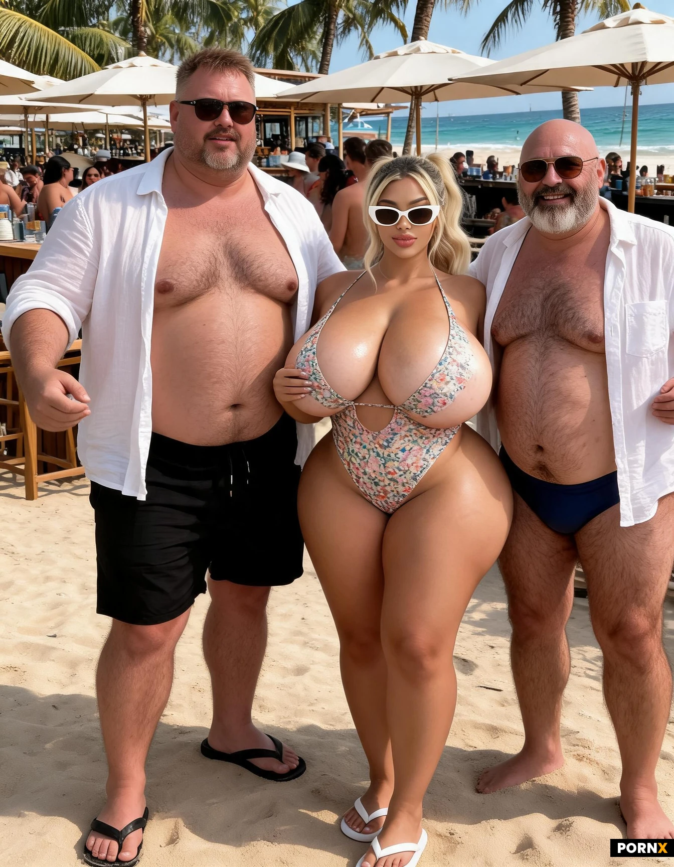 Oiled body. Absurdly large boobs. Tiny floral one-piece swimsuit. Swimsuit is ridiculously small and is extremely stretched. Swimsuit extremely low cut. Crowded Balinese beach club party. White sunglasses. White flip-flops. Dancing with tall fat middle aged man in black board shorts black flip flops, unbuttoned white linen shirt and brown sunglasses. She is cuddling old fat bald man with beard wearing navy speedos and white linen shirt and brown sunglasses