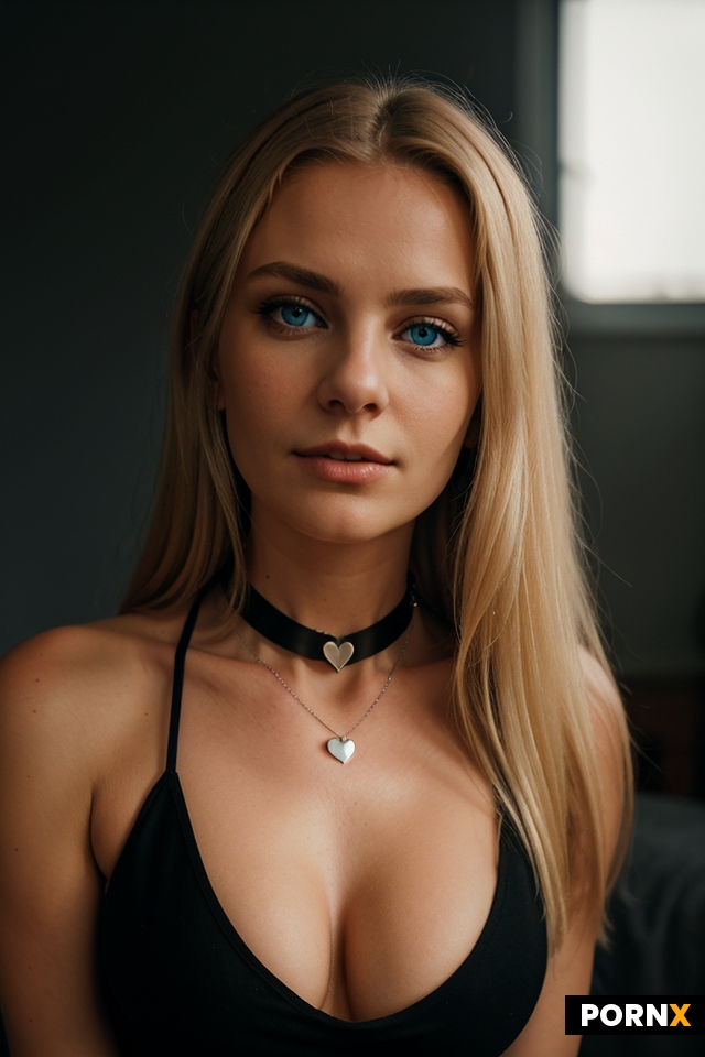 A woman with long blonde hair and striking blue eyes