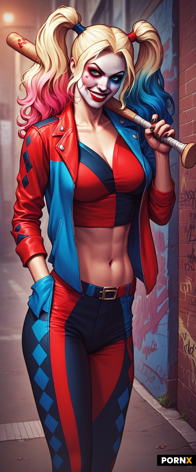 detailed image of a female character inspired by Harley Quinn
