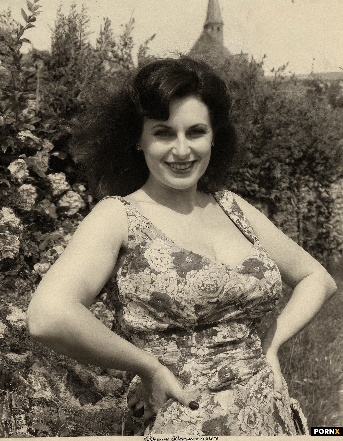 Absurdres, portrait, shy_woman, 50_years_old, pretty, French-(bretonne), plumpish, torpedo_breasts, smile, jewelry, summer_floral_dress, Normandy, outdoor, Liberation_of_Normandy_party, posing_for_photo-souvenir, 1944, D-Day, black_&_white_ferrotype_photo_filter,