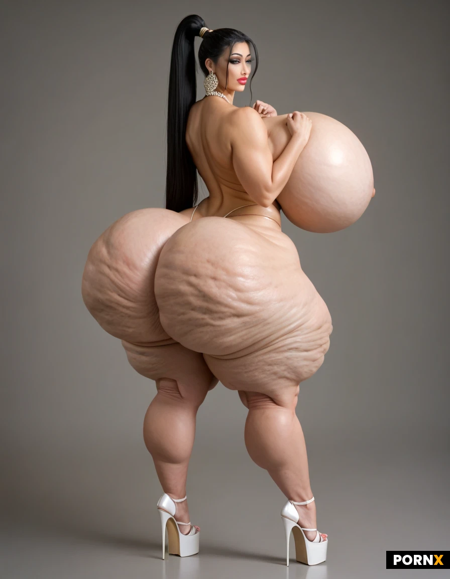 beautiful asian woman, long straight black hair with straight bangs, pale skin, medium breasts, (very beautiful very exotic oriental Persian muslima girly:1.3), pretty soft round girly face, flawless, perfect, (hyper hourglass body), (hyper hips), (hyper thighs), (hyper ass), (dimpled skin, sagging skin, flabby skin, cellulite, orange-peel skin:1.25), massive thick wide thighs, massive thick round ass, hyper wide bbl ass, huge hips like anime characters, ass so large they stick out, thick legs, thick and curvy body, curvy legs, phat legs, sexy leg, (thicc), (massive thick round ass), (gigantic buttocks), (gigantic enhanced BBL ass), (unreal hip width), huge hips like anime characters, hyper excessive, (hyper gigantic breast implants), (hyper excessive breast volume), (excessive breast expansion), impossibly gigantic round fake tits, her fake tits are larger than her body, hyper exaggerate breast proportions, delicate features, very beautiful glowing black eyes, perfect face, beautiful face, sexy lips, very beautiful face, fit, (high ponytail), (bangs), jet-black hair, extreme bimbo makeup, black eyeshadow, black eyeliner, white platform high heels, (platform high heels:1.15)